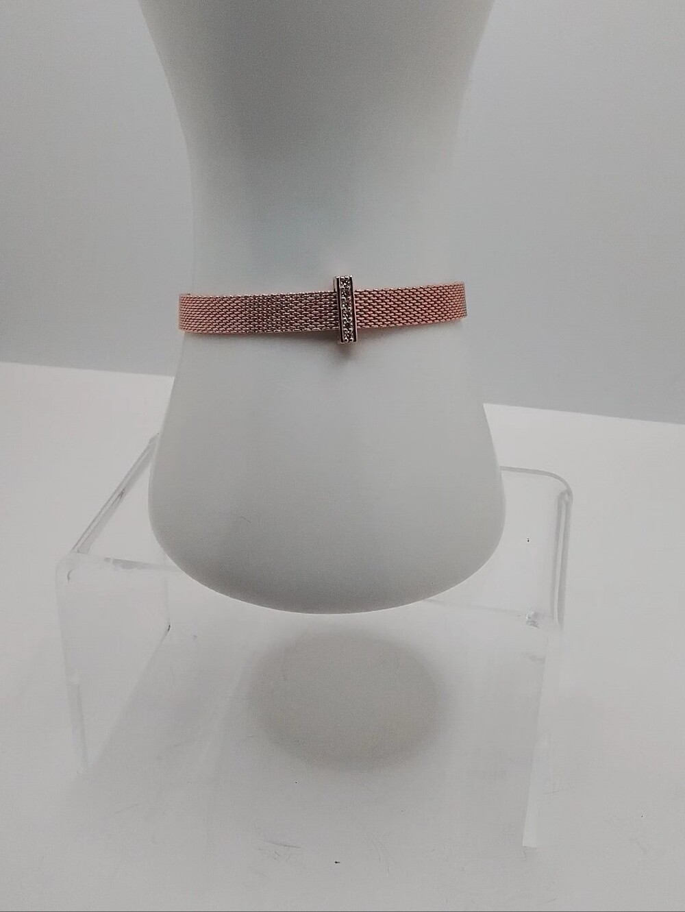Authentic Pandora Reflexions Rose Gold Plated Mesh Bracelet 6.5" & CZ Charm  EUC